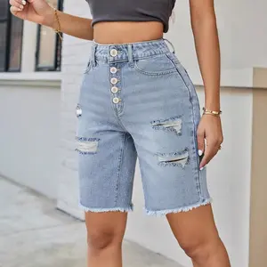 Plus-size denim mid-length pants with high elasticity