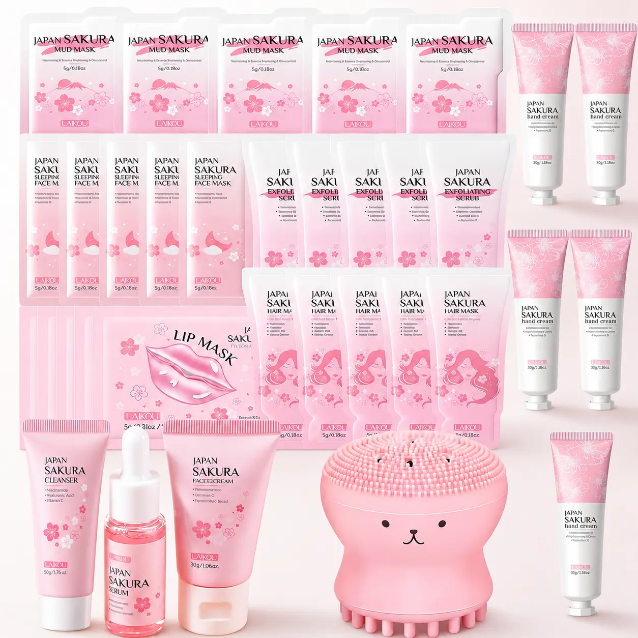 34PCS Japan Sakura Skincare Set for Teen Girls Women Complete Skin Care Routine Kit with Cleanser Serum Face Cream Lip Mask Hand Cream Hydrating Moisturizing Beauty Gift Set for Birthday Christmas