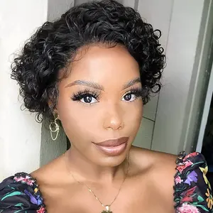 Pixie Cut Short Curly Bob Glueless Wigs 13x1 HD Lace Front 6 Inch Deep Wave Human Hair Pre Plucked Pre Cut for Black Women 150% Density 22.5 Inch Cap Size