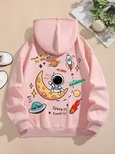 Women's Cartoon Astronaut & Letters Print Drop Shoulder Hoodie, Fashion Drawstring Kangaroo Pocket Hooded Sweatshirt for Daily Holiday Outdoor Wear, Women Clothing for Fall & Winter