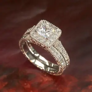 Vintage Princess 2-Piece Bridal Ring Set Sparkling Simulated Diamond Engagement Ring & Wedding Band Elegant Bride Jewelry