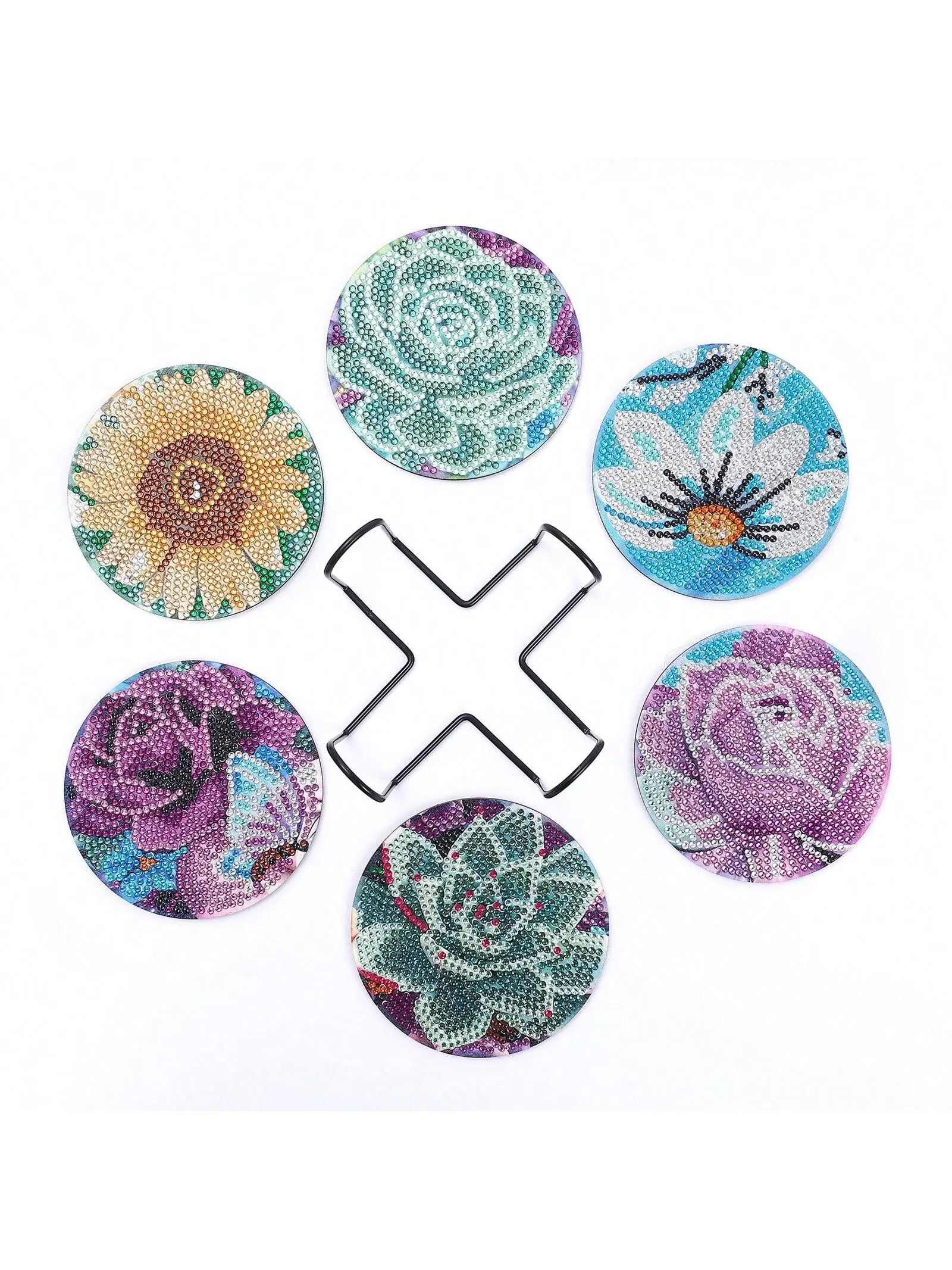 6-Piece Varied Floral Acrylic-Wood Resin Drill DIY Craft Set with Iron Frame, Heat-Insulation Craft Supplies, 10x10cm Coaster Clay Tray, Clay Glue, Beginner-Friendly, No Extra Tools Needed, Christmas Gift for Indoor Furniture Decor