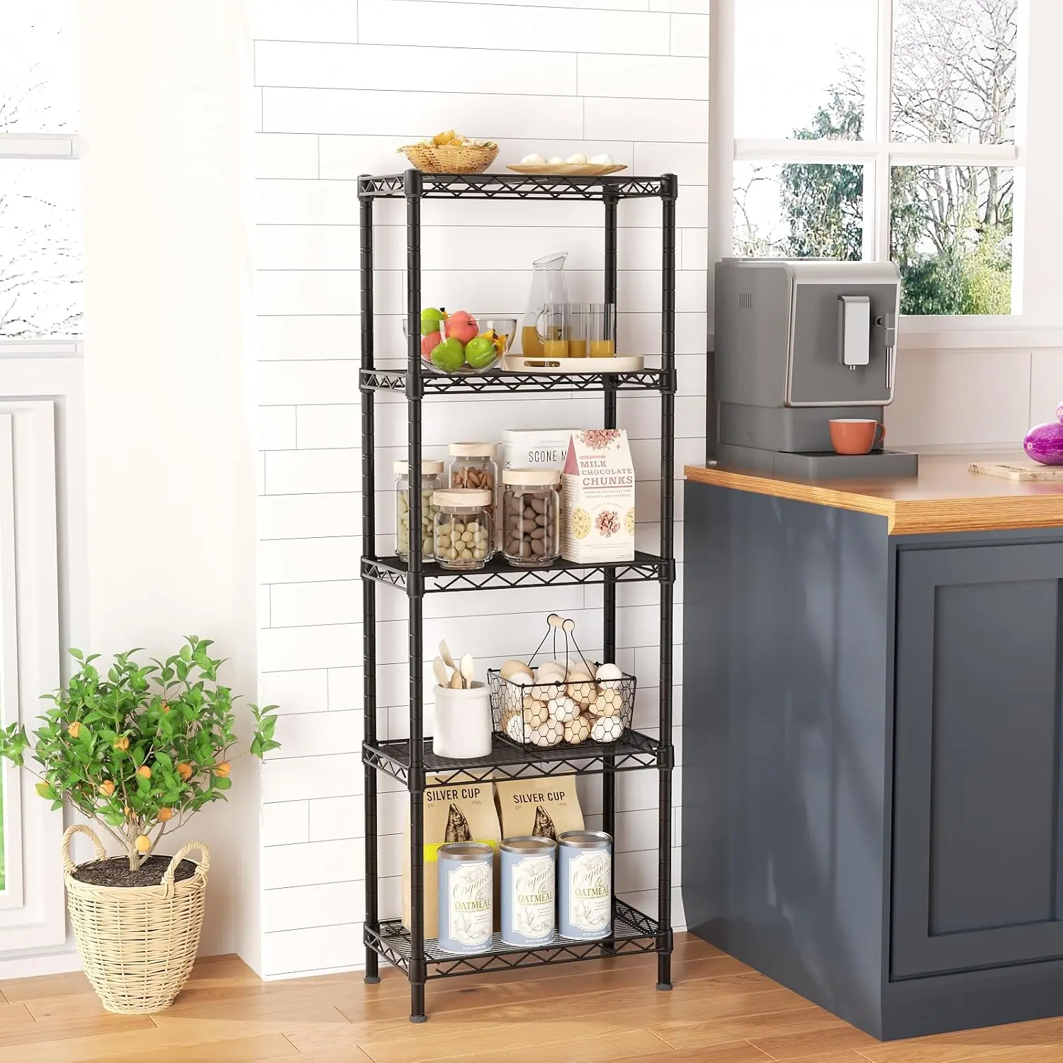 SINGAYE 5 Tier Shelf Wire Shelving Adjustable Storage Shelves Rack Standing Units for Kitchen Closet Laundry Bathroom Organizers Metal Pantry Narrow Mesh Gaps 10" D x 16" W x 55" H Black