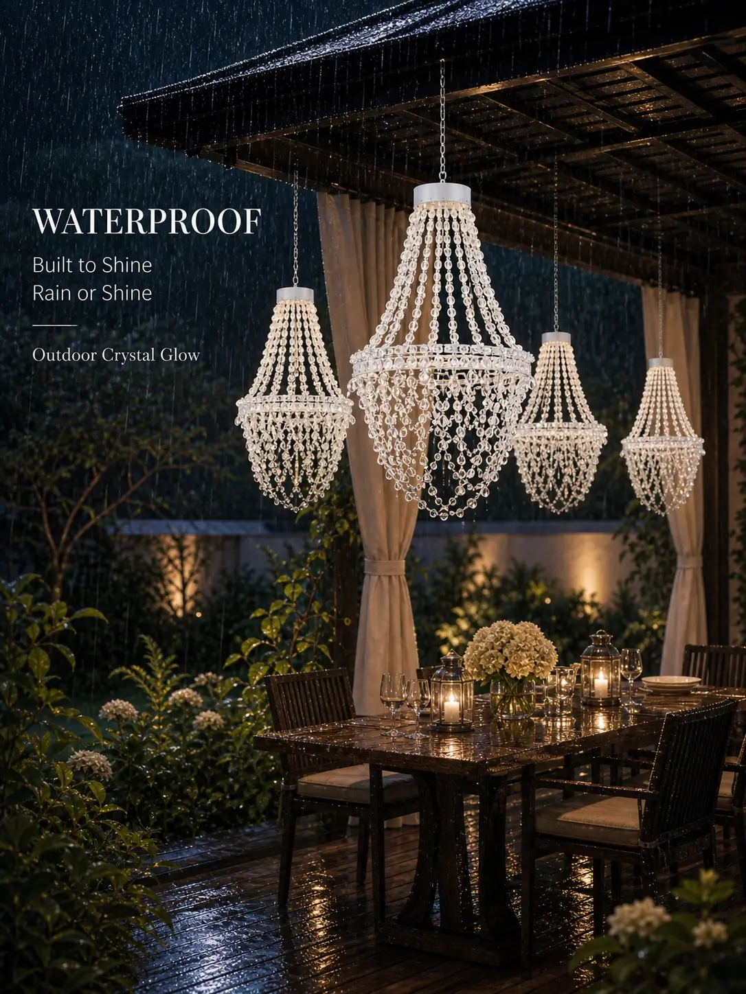 Waterproof Outdoor Crystal Glow Chandelier Built to Shine in Rain or Shine for Elegant Garden Decor