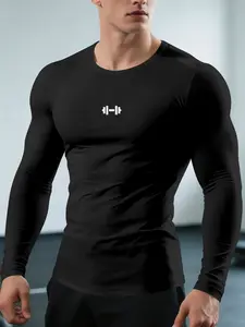 Men's Fashion Dumbbell Print Long Sleeve T-Shirt, Muscle Definition Round Neck Sporty Top, Daily Fitness Training Wear, Gym Training Sportswear