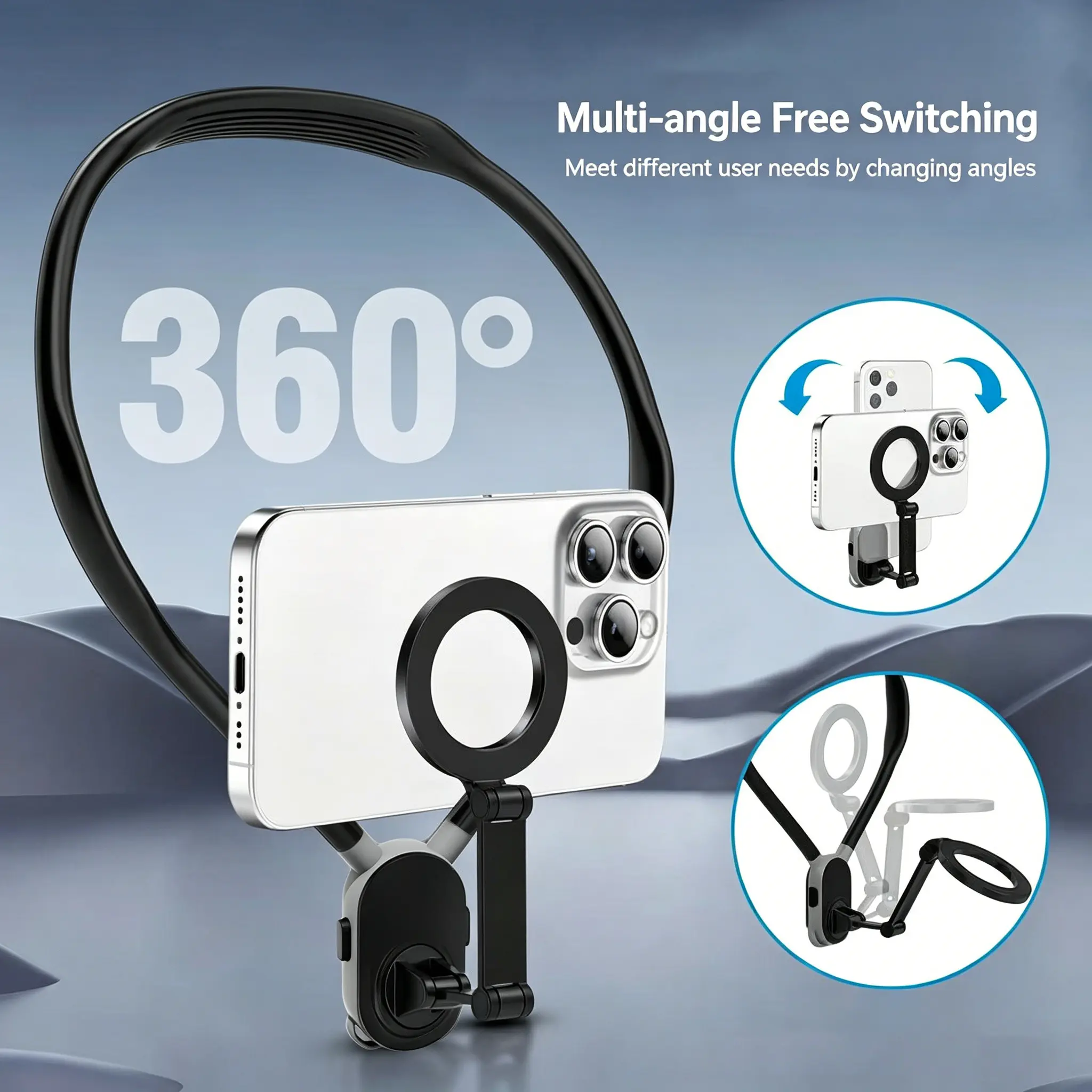 Magnetic Smartphone Neck Mount Lanyard - Silicone-Aluminium Alloy Hands-Free Phone Accessory, Adjustable Holder for Vlogging, Live Streaming