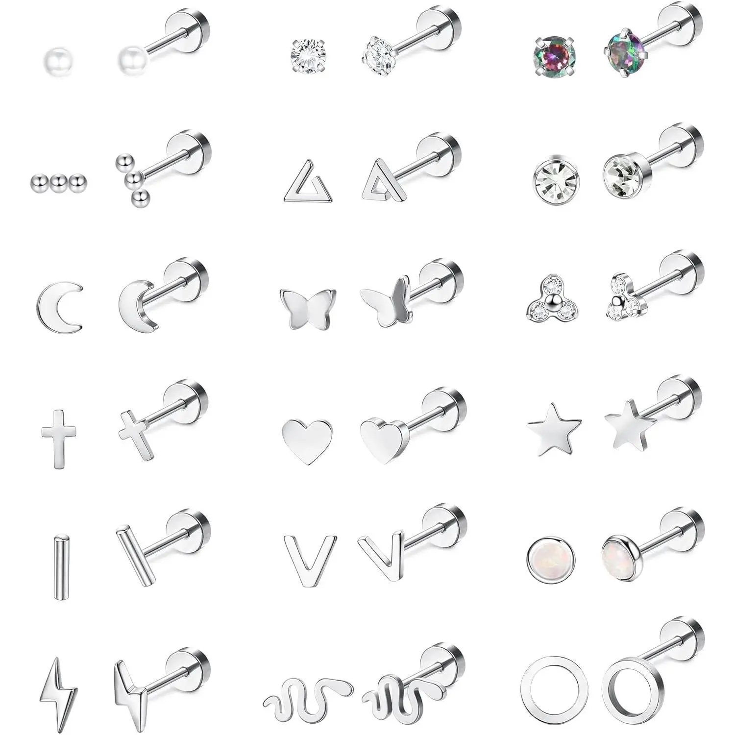 FIBO 18 Pairs Flatback Stud Earrings for Women 18G Surgical Steel Cartilage Studs Cute Moon Star Snake Opal Disc Ball CZ Stud Earring Set Fashion Jewelry