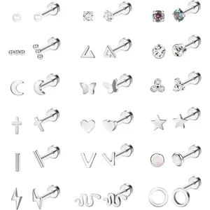 FIBO STEEL 18 Pairs Flatback Stud Earrings for Women 18G Surgical Steel Cartilage Studs Cute Moon Star Snake Opal Disc Ball CZ Stud Earring Set Fashion Jewelry