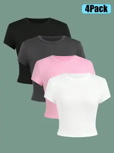 4-piece youth round neck solid color short sleeved T-shirt top Set, slim fit and slimming, simple and versatile, comfortable and fashionable, youth clothing