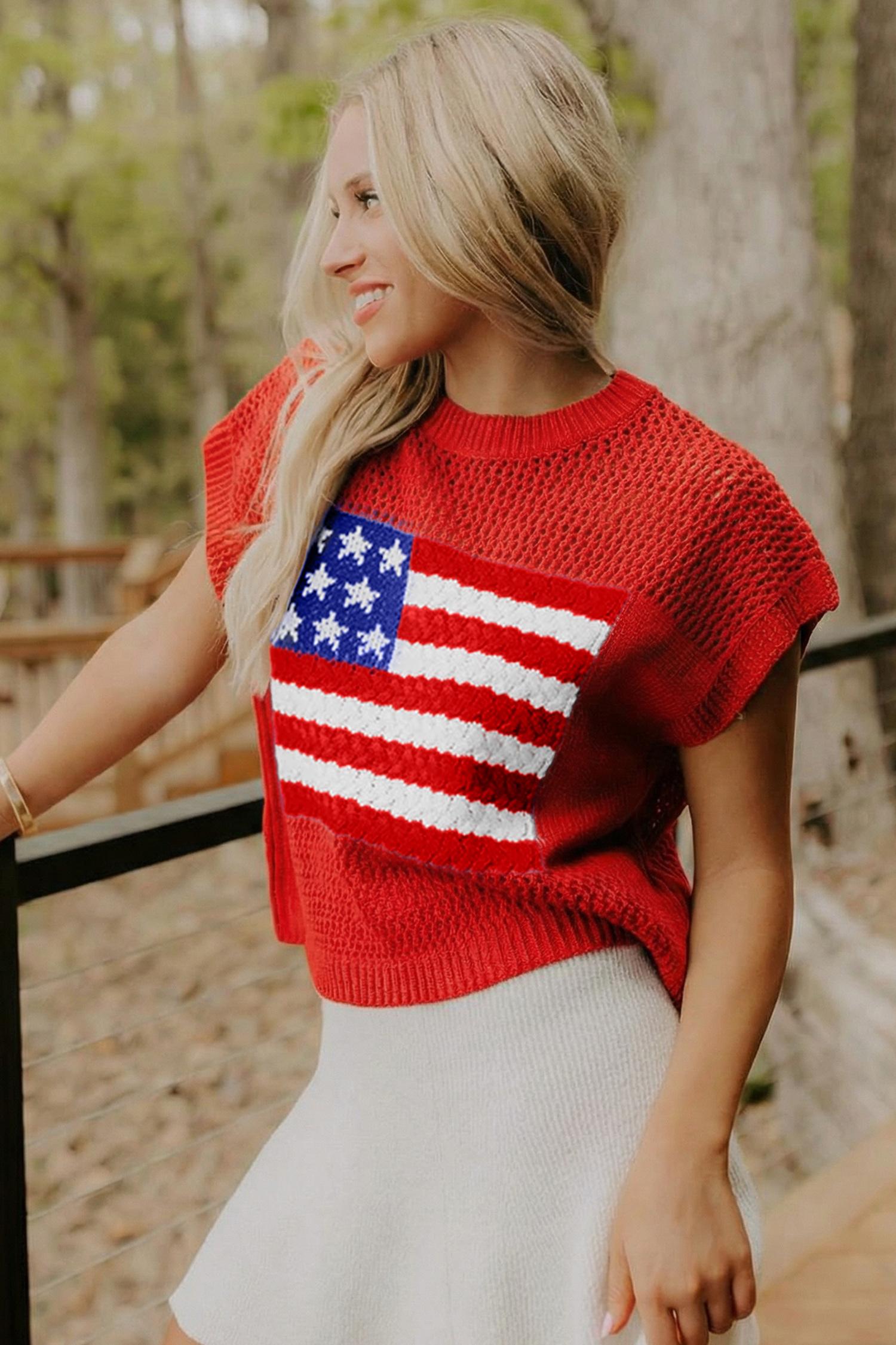 Mntaor Women's American Flag Graphic Relaxed Fit Short Sleeve Knit Sweater Top for Independence Day Festivals & Casual Streetwear Knitwear - Womenswear