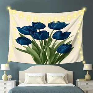 Blue Tulip Tapestry with Elegant Tulip & Horizontal Tapestry - Soft Skin-Friendly Skin Fabric Suitable for Dorm Room Decor, Bedspread Accent, Photo Backdrop - Modern Horizontal Wall Hanging