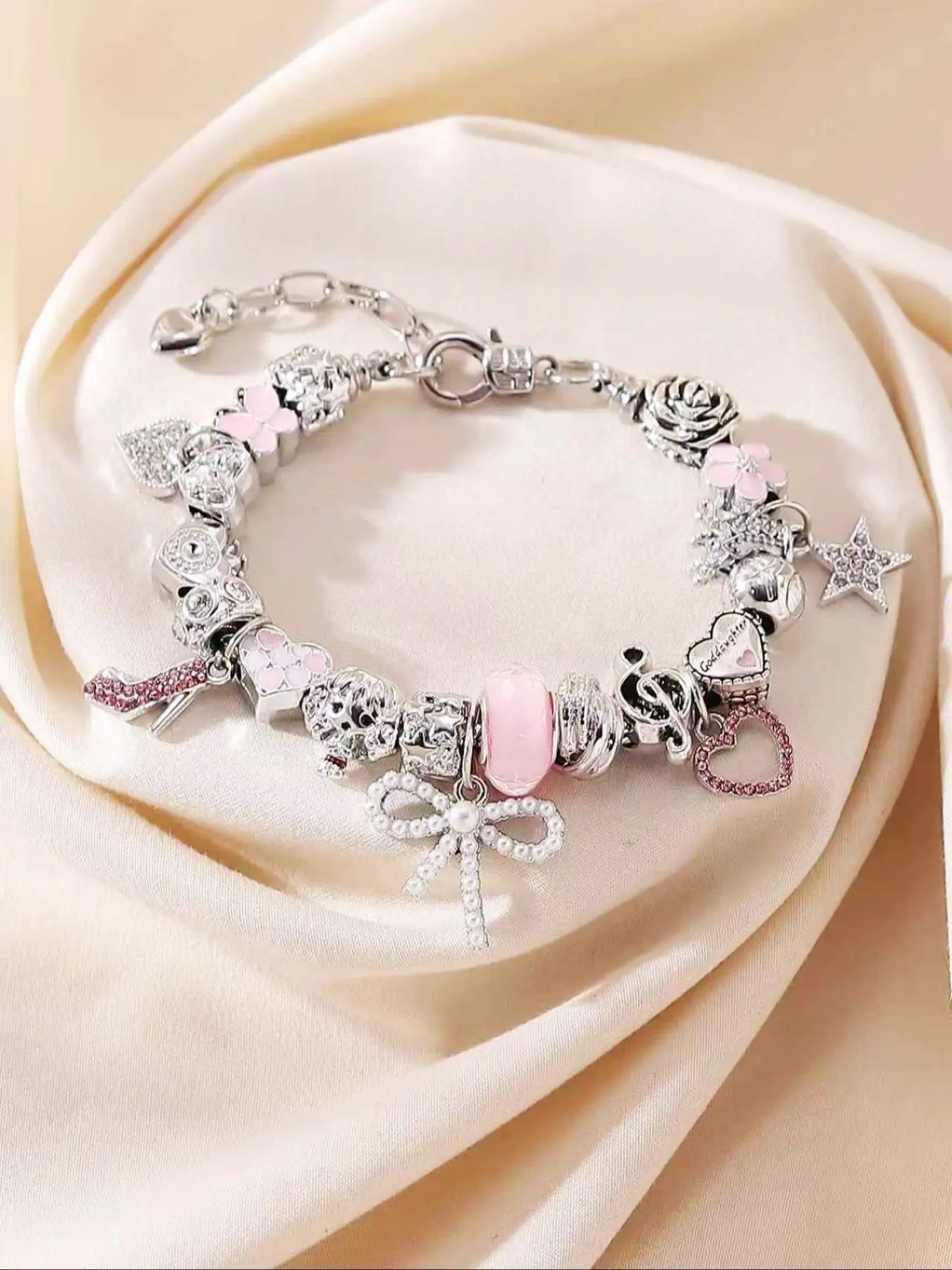 Cute Cartoon Charm Bracelet, Rhinestone Decorated Flower Design Bracelet, Fashionable Jewelry for Women, Trendy Versatile & Exquisite Jewelry for Birthday Gift, Floral Charm Bracelets