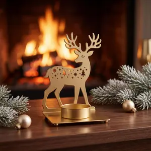 Nordic Style Deer Hollow Iron Candle Holder, Star Tree Light Projection, Non-Slip Base, Tea Wax Compatible, Christmas Decor
