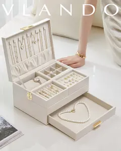 VLANDO Classic 3-Layer PU Leather Rectangle Jewelry Box Organizer - Retractable Tray, Drawers, Compartments, Dustproof Storage Unit, Box Storage for Women’s Necklaces, Rings, Bracelets, Earrings, Ideal Gift for Moms