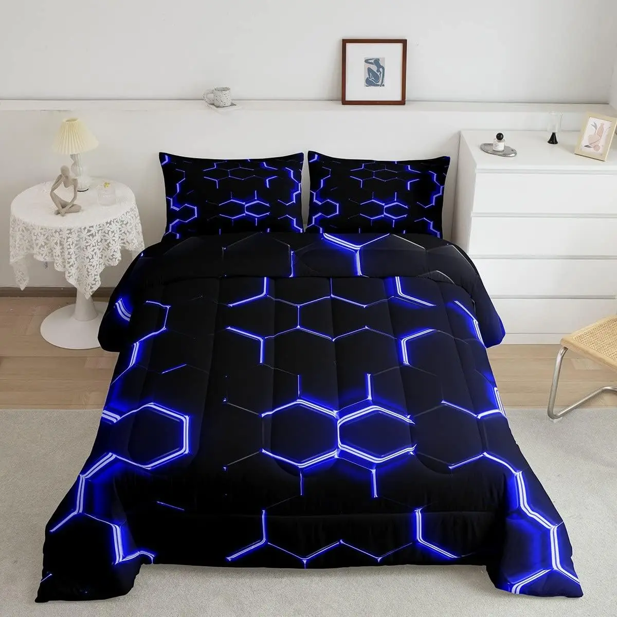 Blue and Black Print Designer Comforter Set,Hexagonal Luxury Bedding Set,Honeycomb Decor Comforter,Beehive Simplistic Geometric Quilt Set, Bedroom Bedding Set, Breathable Duvet Set