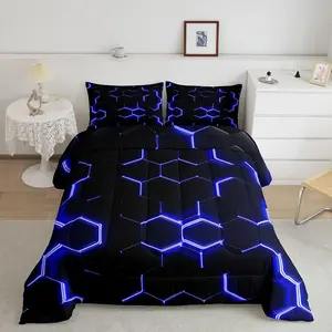 Blue and Black Print Designer Comforter Set,Hexagonal Luxury Bedding Set,Honeycomb Decor Comforter,Beehive Simplistic Geometric Quilt Set, Bedroom Bedding Set, Breathable Duvet Set