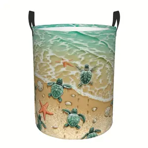A Cute Cartoon-patterned Large Folding Laundry Basket Featuring A Sea Turtle - Made of Durable Polyester, with A Round Storage Bucket and Handle, Suitable for Clothes, Toys, and Perfect for Bathrooms, Bedrooms, Living Rooms, and Laundry Baskets.