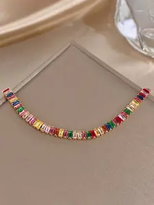 1pc Dainty Gold Plated Zirconia Tennis Bracelet, Colorful Rainbow Baguette Cut Sparkly Chain for Everyday Wear Party Anniversary Gift Jewelry Gifts