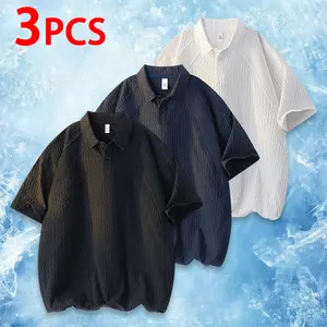 Men's 3-Pack Collared Polo Shirts, Bubble Jacquard Textured Fabric, Short Sleeve & Loose Fit, Suitable for Daily Wear, Business Casual, Streetwear, Summer, and All Seasons