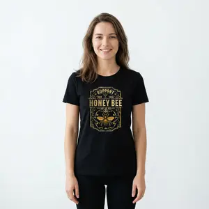 Women's Honey Bee Print Round Neck Graphic Tee, Vintage Trendy Casual Fitted Short Sleeve T-shirt for Everyday Daily Wear, Ladies Summer Outfit short-sleeve
