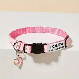 Personalized Cat Collar - Sparkling Star & Moon Design with Bell, Custom Engraved Name & Phone Number, Durable Stainless Steel & Polyester, Pink Kitten Collar with Cute Cat Face Charm - Perfect Gift for Pet Lovers, Cat Identification Access