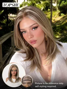 Topshe Mono Wig, Base Gold Highlights, Medium Straight Coily Hair, Heat Resistant, No Glue, Natural Hairline, Shiny and Smooth, Glueless Wear Wig