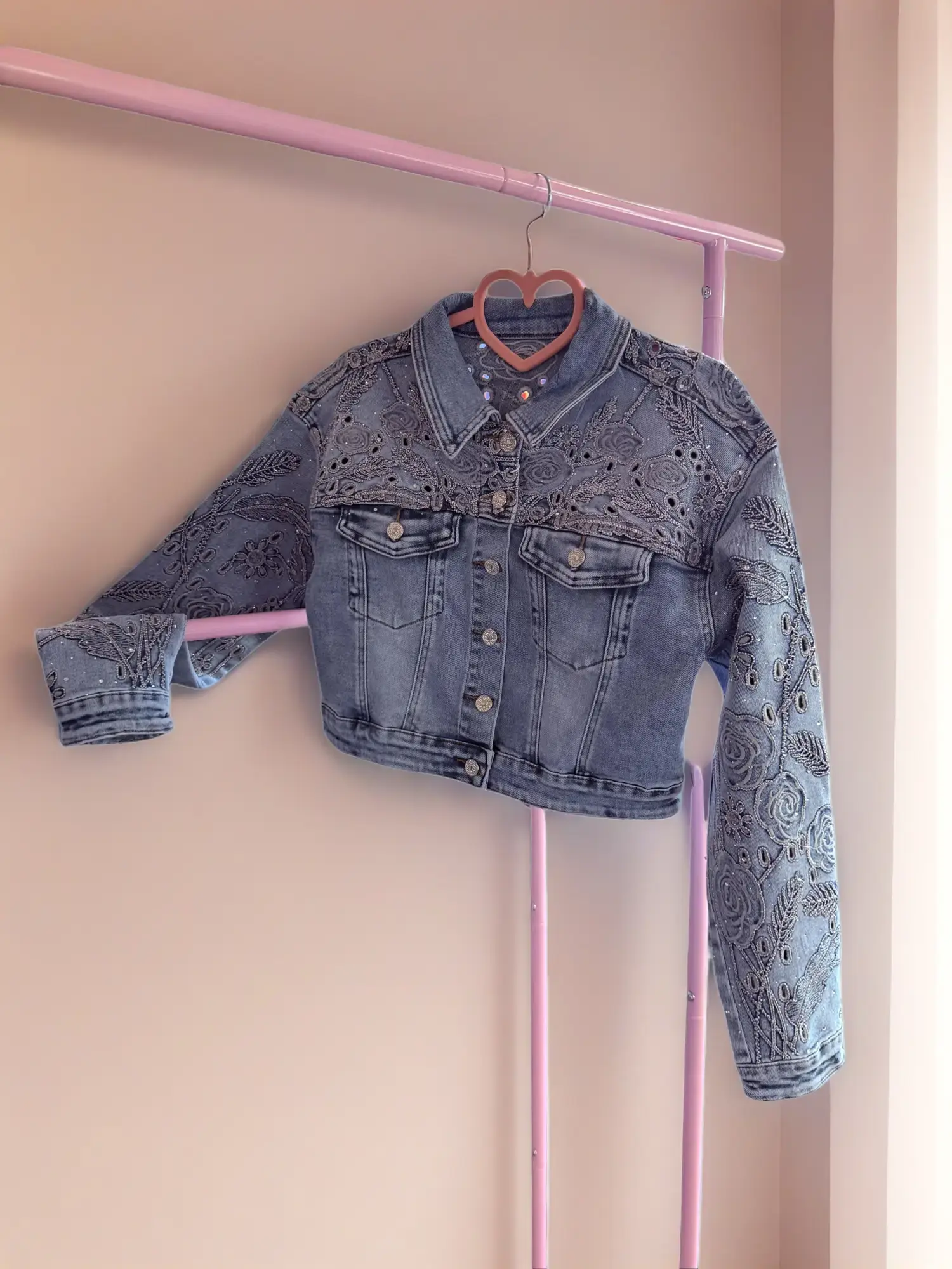 Embroidered Eyelet Cropped Denim Jacket