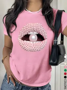 Women's Pearl Decorated Mouth Design Round Neck Tee, Fashion Casual Crew Neck T-Shirt for Daily Holiday Vacation Outdoor Wear, Ladies Clothes for Summer, Top