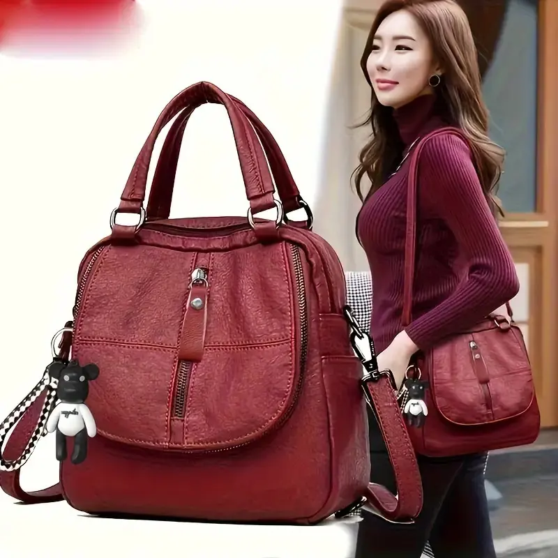 Women's Synthetic Faux Leather Convertible Backpack - Large Capacity, Adjustable Strap, Zipper Closure, Other Printing, Red, Versatile for School & Casual Use