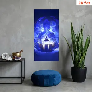Blue Dreamy Zen Buddha Self-Adhesive Wall Sticker, Artistic Hand Lotus Painting, Living Room Hallway Study Background Decor, 37cm X 82cm