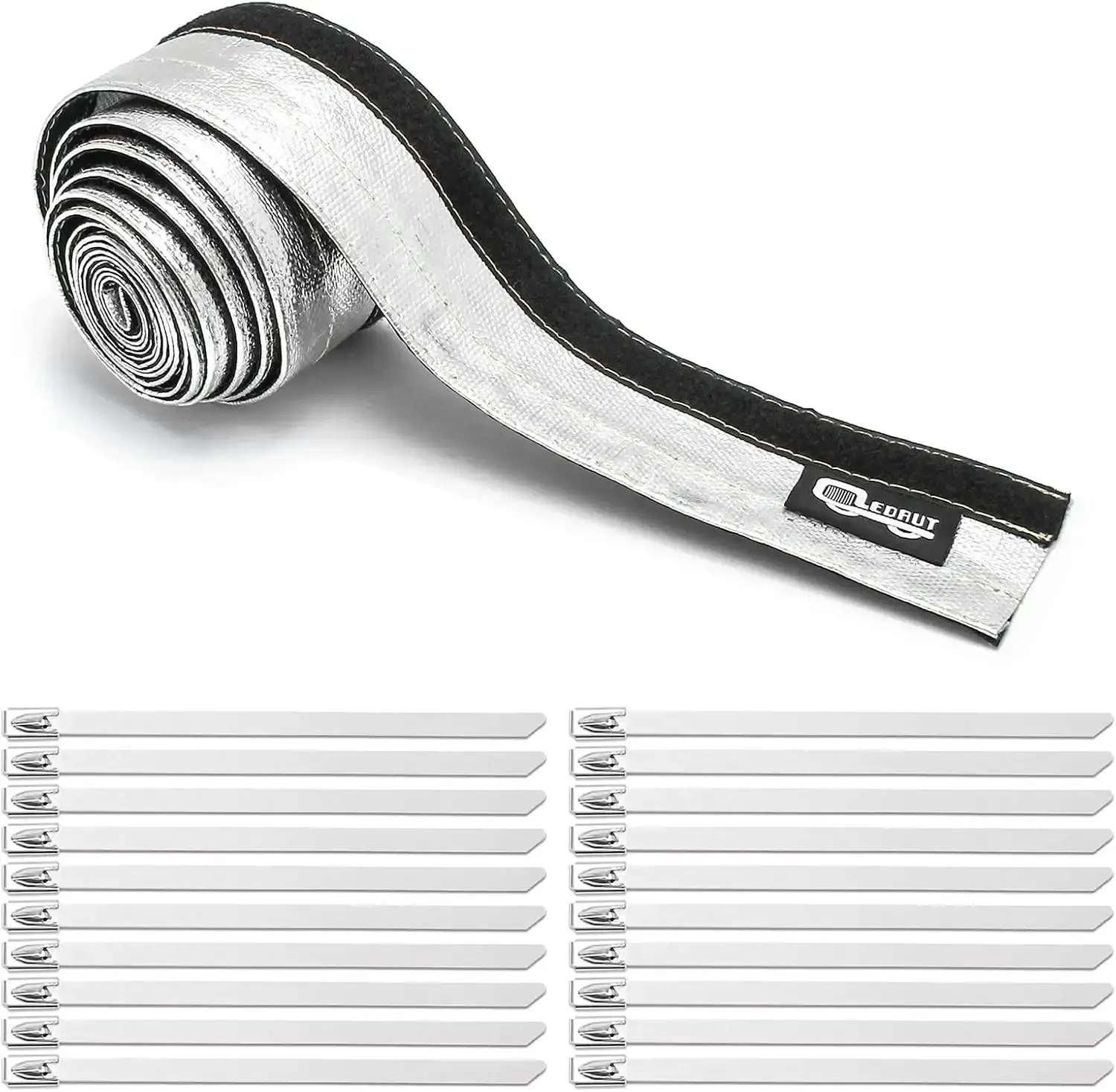 Heat Shroud Aluminized Sleeving Heat Shield fuel line wire heat sleeve 1/2" I.D.x 10FT with 20 Pcs 3.9Inch Stainless Steel Cable Metal Zip Ties