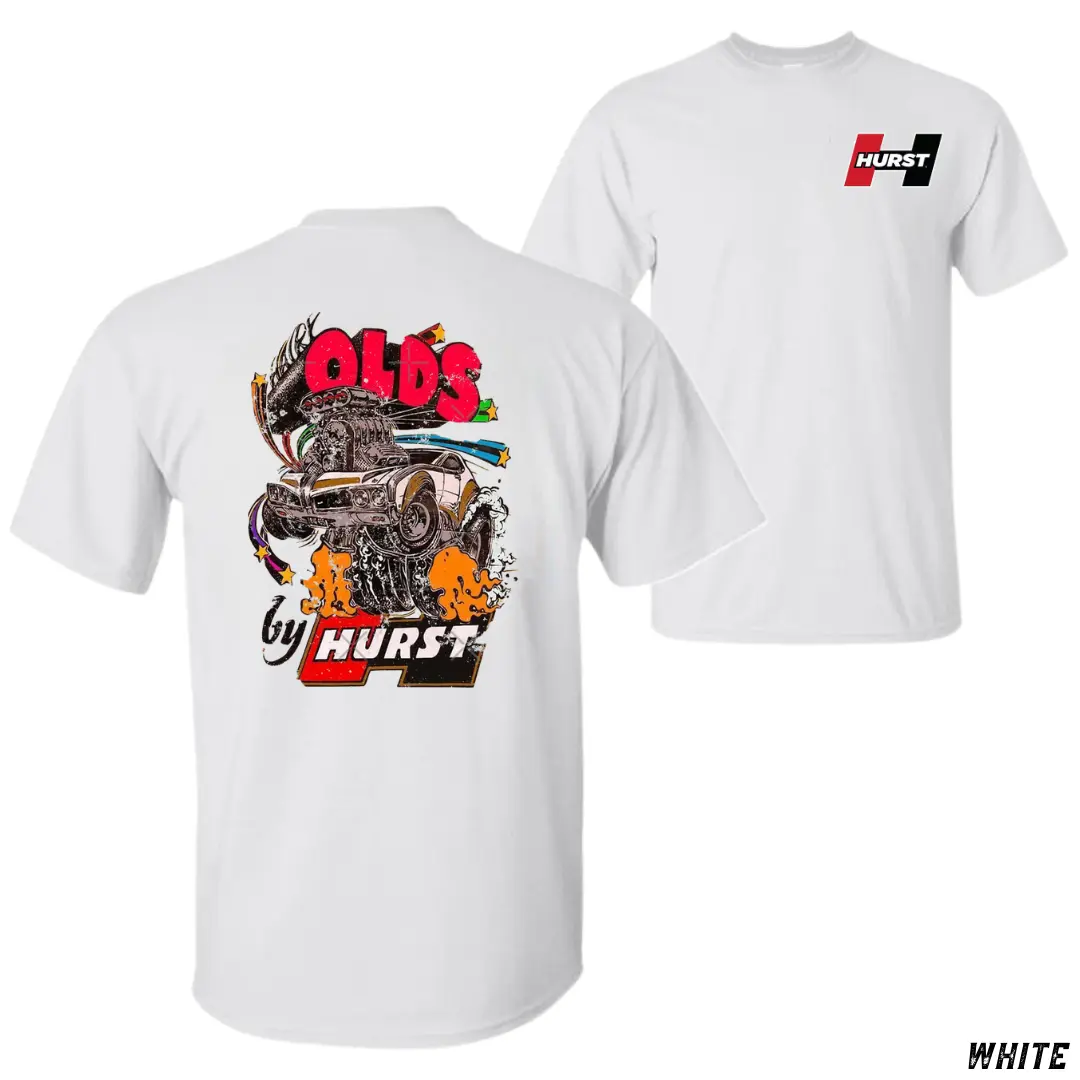 Hurst Olds T-Shirt, Vintage burnout hot rod car print with OLDS by Hurst logo, Retro Racing Graphic Shirt, For car lovers and gearheads, Gift for drag racers or classic car fans