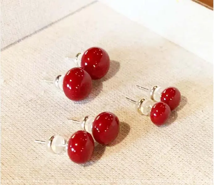 Women's Red Cherry Stud Earrings - 925 Silver Hypoallergenic Posts, Light Luxury Premium Feel, Flat Round Mantou Bead Non-Natural Crystal Jewelry