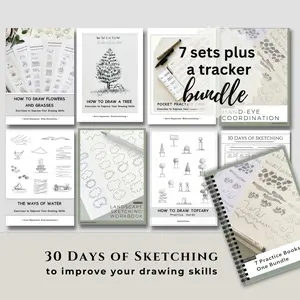 30-Day Hand Drawing Practice Set, 7-In-1 Texture Plant Tree Templates, A5 Coil Notebook, 180° Flat Lay, Durable, Portable, Drawing Sketchbook