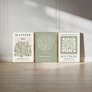 3-Piece Set, Sage Green Spring Flower Matisse Art Canvas, Green Plant Print Poster, Bohemian Wall Art, Matisse Art Gallery Wall, Henri Matisse Print, Wall Decoration, Bedroom Wall Art, Frameless Design, Canvas Print, Unframed Canvas, Flower Leaf Print
