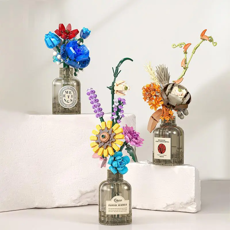 Mini Building Block Flower Set, 1 Count DIY Flower Arrangement with Vase, artificial potted flower, decorative flowers, Home Decor Ornament, Home Decor Accessory, Perfect Gift for Birthday