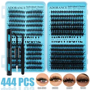 ADORANCE 444PCS Lash Clusters 4 Style Wispy, Fluffy Volume Eyelashes, Cat 50D+60DH+80DV+100D Beginner Friendly Eyelash Clusters Kit with Lash Bond, Seal & Tweezers, Natural Look Cluster Lashes for Everyday Makeup, Travel & Special Occasions