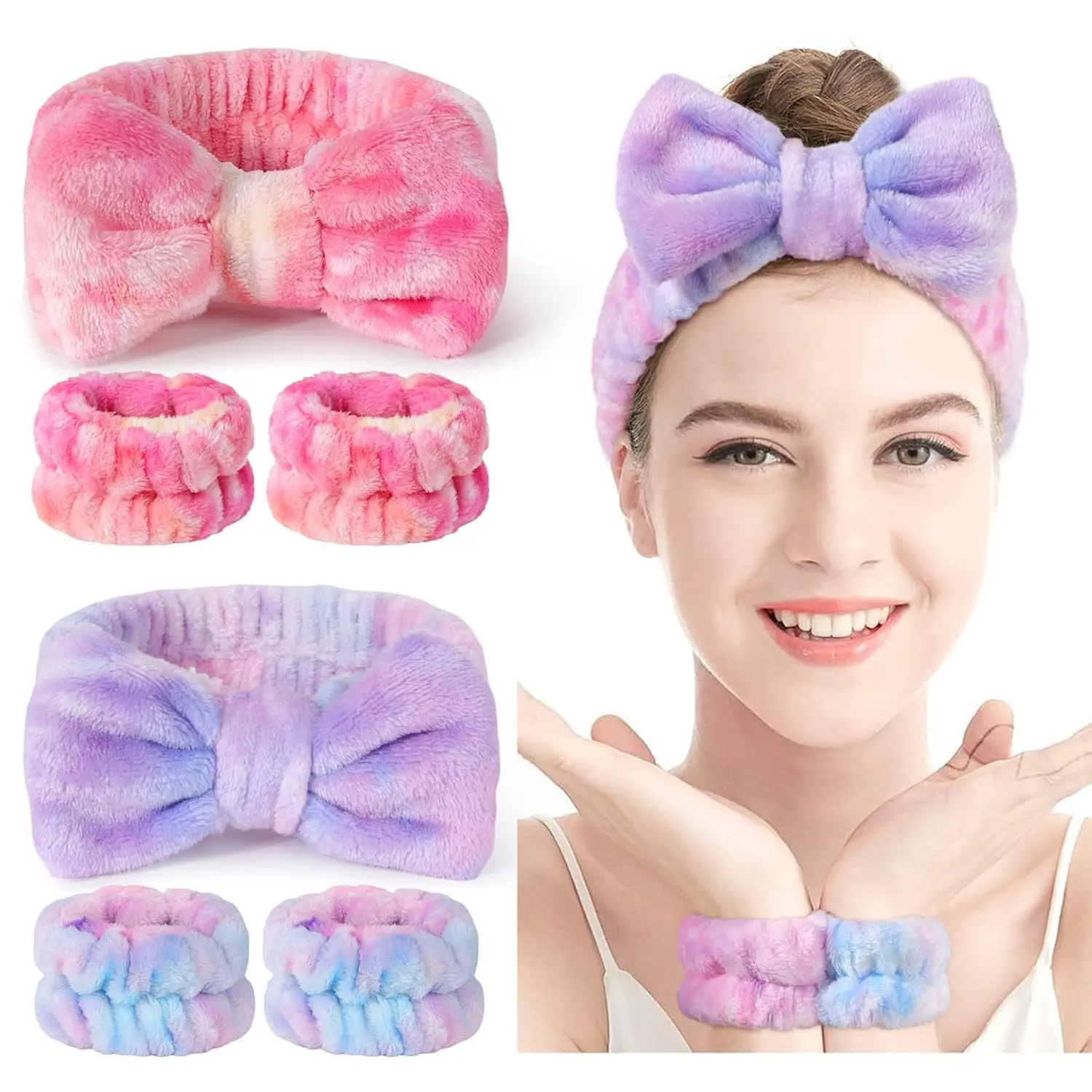 Face Wash Headband and Wristband Set - Soft, Absorbent, Adjustable Headband & Wristbands for Skincare, Makeup, and Spa Routine - Cute, Vibrant Colors, Value Pack