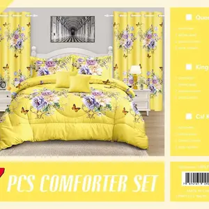 Yellow Floral Comforter Set 7 PCS with 2 Pillowcases 2 Pillow Covers 2 Cushi