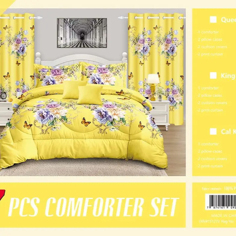 Yellow Floral Comforter Set 7 PCS with 2 Pillowcases 2 Pillow Covers 2 Cushi