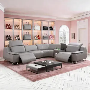 Luxury Sofa Dark Grey Top Genuine Cowhide Leather 5-Piece Multifunction Living Room Sofa Set