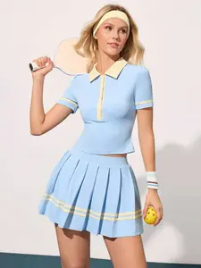 SLYNVIA Casual Versatile Contrast Color Top with Buttons Short Sleeve Fitted Skirt with Pleated Contrast Color Waistband Sports Set