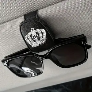 Rhinestone Crown Pattern Car Sun Visor Glasses Holder, PU Leather Eyewear Clip, Universal Car Interior Accessories for Women