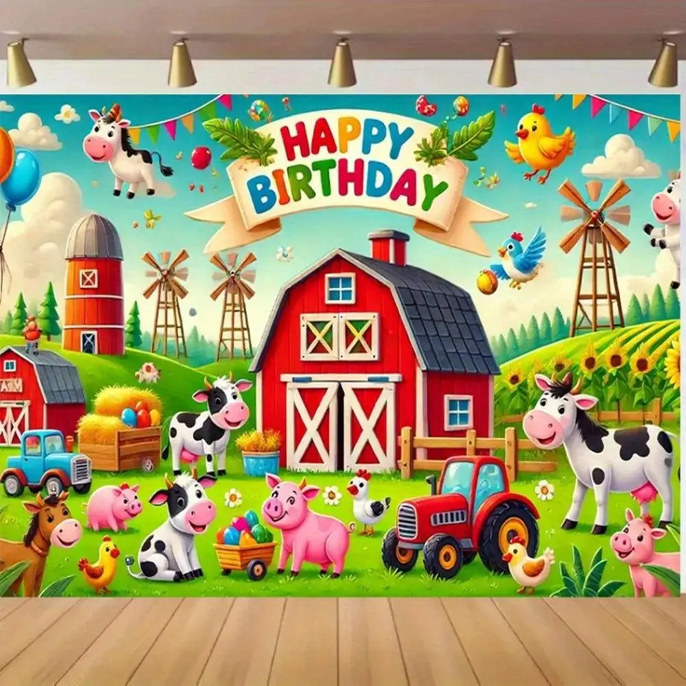 1pc 2D Flat Country Theme Happy Birthday Backdrop Cloth - Red Barn Animal Farm Print, Polyester Party Decoration Supplies, Farm Scene Banner with Cows, Pigs, Chickens, Tractors,summerwins