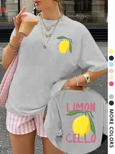 Women's Lemon & Letter Print Round Neck Graphic Tee, Vintage Trendy Casual Short Sleeve T-shirt for Daily Wear, Ladies All Seasons Top