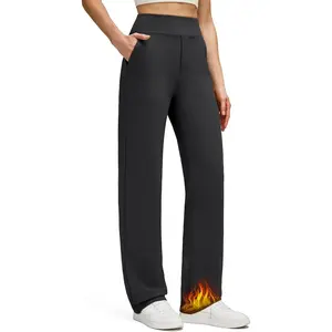 Women's Fleece Lined Straight Leg Pants Winter Thermal Work Trousers with Pockets