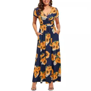 Maxi Dresses for Women Ankle Length Floral Print Beach Long Flowy Dress with Pockets