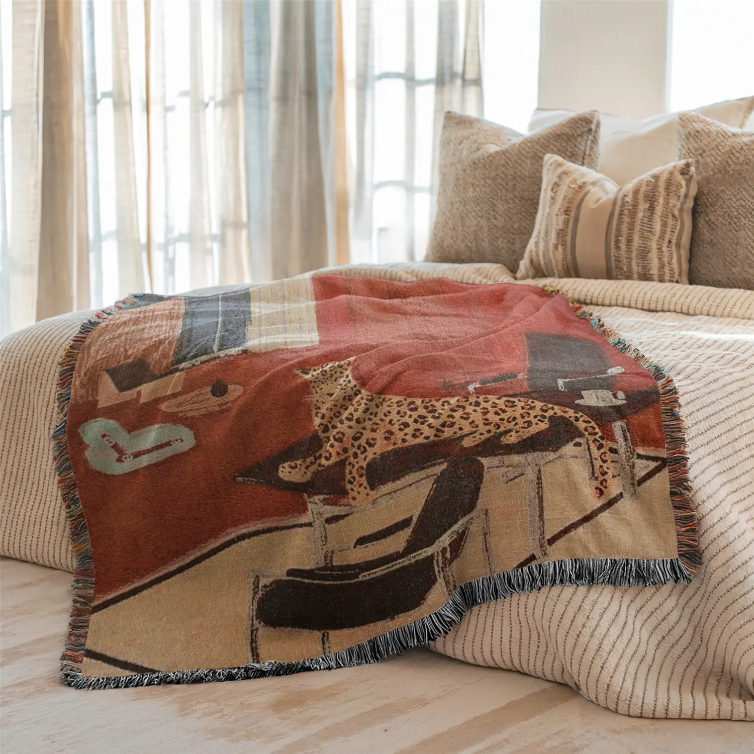 Multi-Function Tassel Woven Blanket Living Room Leopard Pattern Bed Blanket, Decorative Blanket, Also for Sofa Cover Couch Throw Blanket Armchair Home Decor Furniture Slipcover Tablecloth Shawl Outdoor Picnic Camping Beach Towel