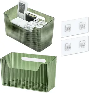 Set Of 2 Storage Organizer Bins Wall Mounted Shower Basket, Shower Caddy Stackable Clear Plastic Makeup Organizer Adhesive Hanging Bin for Bathroom, Kitchen, Cabinet, Pantry, BPA Free, Green
