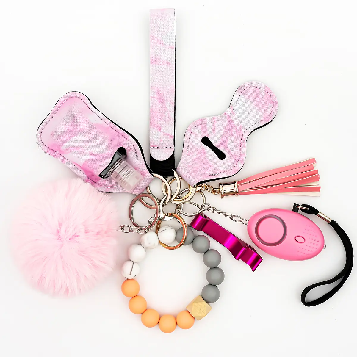 Keychain Set for Women with Personal Safety Alarm, Opener & Pompom - Safety Keychain Accessories 9 Pcs Perfect for Valentine's Day, Mother's Day, Christmas Day or Bestie Gifts.